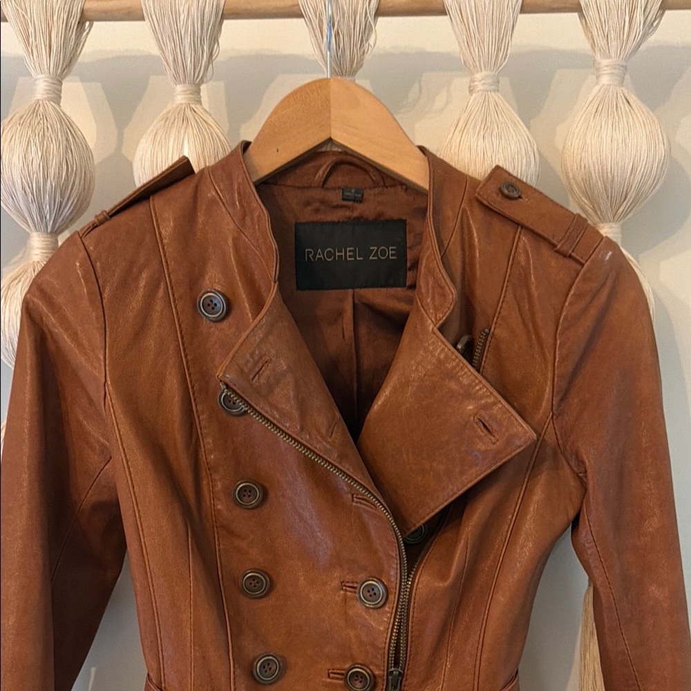 Rachel Zoe Women's Brown Leather Double-Breasted Belted Jacket - Picture 2 of 6